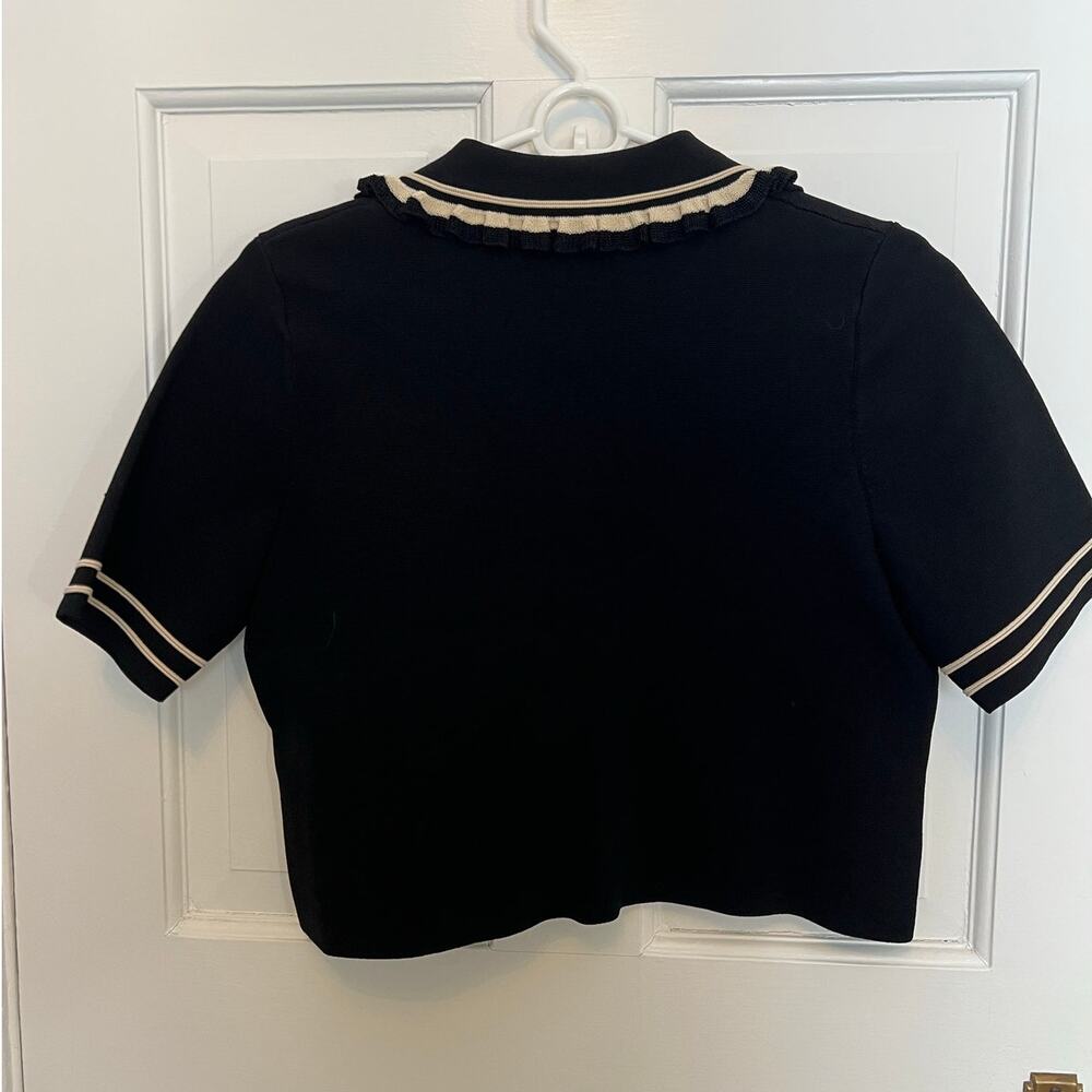 Sandro Paris Fabie Crop Short Sleeve Top Sweater Black White Ruffle Collar S - Picture 2 of 13
